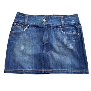 Y2K Yield Global Purpose Blue Denim Distressed Embroidered Mini Skirt Size 10